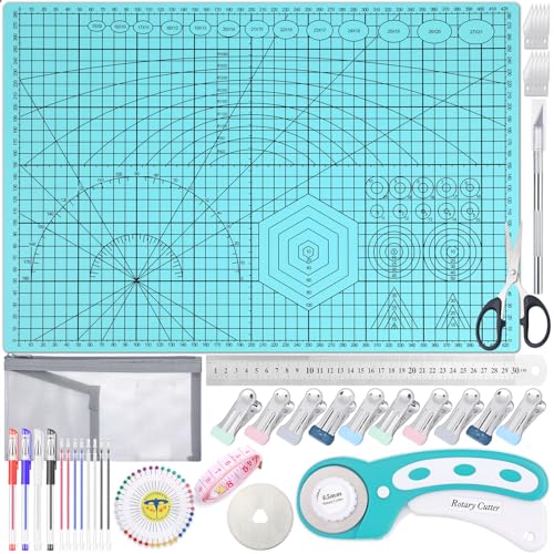 Rotary Cutting Mat and Tools Set Audab 45mm Fabric Cropping Cutter Wheel with A3 Self Healing Sewing Mat Blades Quilting Ruler and Clips Crafts Knife for Shirt Cloth Patchworking Scrapbooking