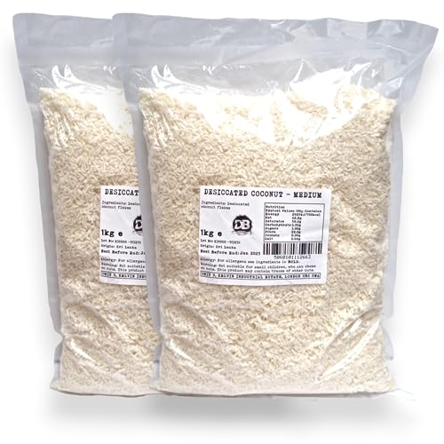 Desiccated Coconut (Medium) - 2kg (2x1kg) | Coconut Fibre | Unsweetened Coconut Flakes | Shredded Dehydrated Coconut Flake | Perfect For Coconut Oil Coconut Milk Coconut Water Lovers