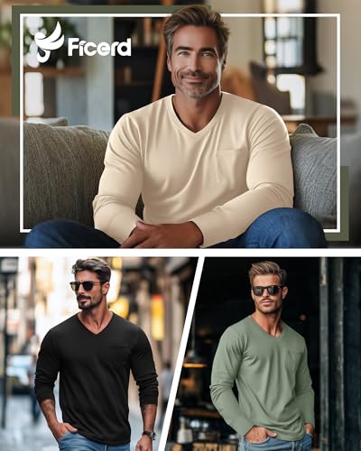 Ficerd 3 Pack Men's Big and Tall V Neck Shirts with Pocket Long Sleeve Plus Size Tops Basic Casual Cotton Loose Fall Tee3