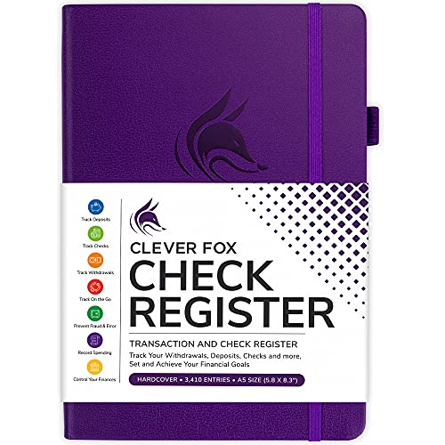 Clever Fox Check Register â€“ Deluxe Checkbook Log with Check & Transaction Registers, Bank Account Register Booklets for Personal and Work Use, A5 Hardcover - Purple