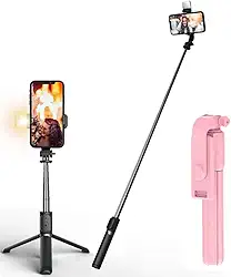 Tripé Bastão Pau De Selfie Com Led Bluetooth Retrátil Para Celular Com Controle Remoto (Rosa)