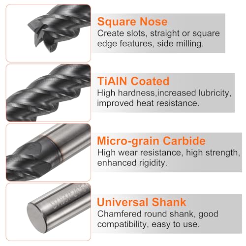 Image of HARFINGTON Carbide Square Nose End Mill Bit 5 /16 inch Cut Dia 4 Flutes TiAlN Coated Milling Cutter for Hardened Steel Metal (5 /16 inch Shank 15 /16 inch Cut Length 2-1 /2 inch Long 45 Degree Helix)