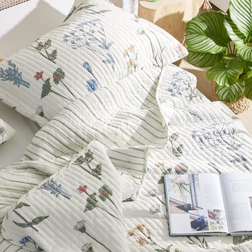 Bedsure Floral White Quilt Queen - Reversible Queen Size Floral Quilt Bedding, Lightweight Bedspread, Soft Botanical Coverlet for All Seasons (90"x96")