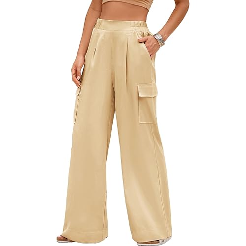 Dokotoo Casual Wide Leg Pants 2024 Spring Summer High Waisted Pants Baggy Comfy Satin Trousers 4 Pockets