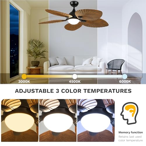 DWVO 52" Ceiling Fans with Lights, Tropical Ceiling Fan with Lights and remote, LED Tri-Color Temperature, Reversible 6 Speeds w/Quiet DC Motor for Living Room, Dining Room, Bedroom