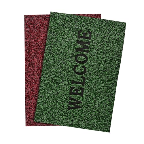 Image of Kuber Industries Pack of 2 Anti-Slip Welcome Print Grass Door Mats for Home| (16x24 Inch) Main Entrance Footmats for Bathroom, Living Room & Office | Grass Cut -Red & Green