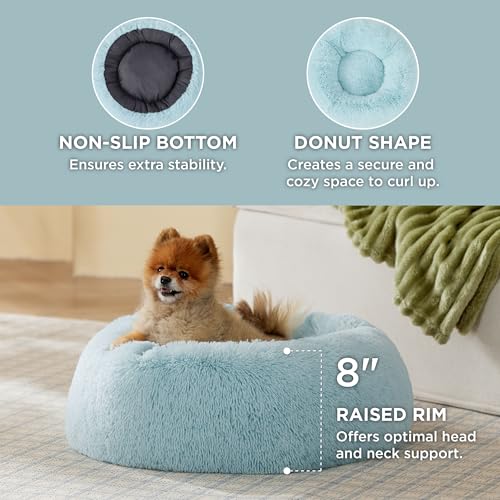Image of Bedsure Calming Dog Bed for Small Dogs - Donut Washable Small Pet Bed, 23 inches Anti-Slip Round Fluffy Plush Faux Fur Large Cat Bed, Fits up to 25 lbs Pets, Aqua Blue