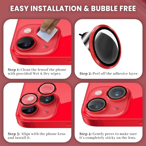 Image of ArmourPro Premium Camera Lens Protector Tempered Glass Compatible For iPhone 14 Plus and iPhone 14 Tough HD Individual Aluminum Alloy Rings 9H Camera Cover , Scratch-Resistant,Camera Lens Protection| Red