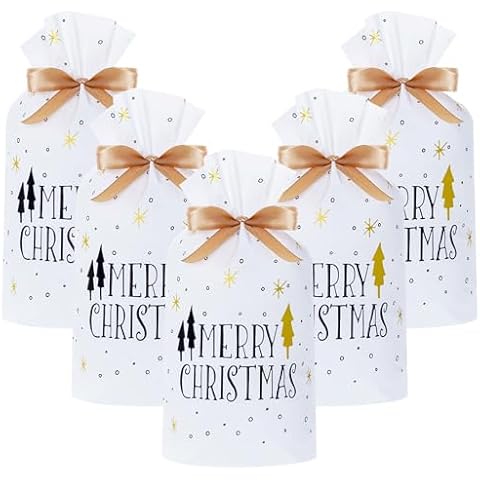 JTYKUYR 50 Pcs Candy Cookies Plastic Drawstring Gift Bags Merry Christmas Tree Print Plastic Favor Bag for Birthday Party Snack Wrapping Wedding Cover