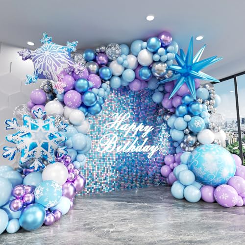 Image of Frozen Balloon Arch Garland Kit, 164Pcs Winter Wonderland Balloon Arch Kit Blue Purple Clear Snowflake Balloons for Winter Wonderland Theme Baby Shower Snow Girl Princess Birthday Decorations