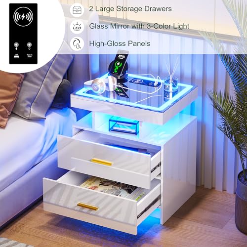 Image of HNEBC LED Nightstand with Charging Station (USB,Type-C Ports) High Gloss Bedside Table with 2 Drawers, Smart Night Stand with Auto Sensor Lights,Modern Bed Side Table for Bedroom (White)
