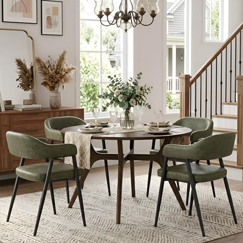HNY Modern Dining Room Arm Chairs Set of 2, Retro Faux Leather Upholstered Barrel Dining Chairs with Arms Mid-Century Black Accent Chair with Metal Legs, Open-Back Kitchen Side Chair for Liv
