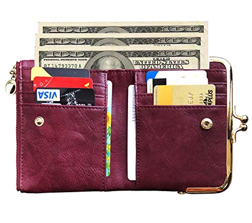 Small Bifold Genuine Leather Wallet for Women Vintage Mini Coin Purse with Zipper and Kiss Lock (Purple)2