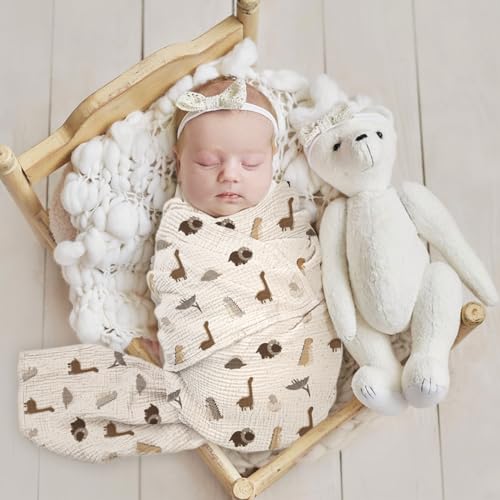 Image of lulumoon Baby Muslin Swaddle Blankets: Soft Receiving Blanket for Newborn - Cotton Swaddling Blanket for Neutral 2Pack(Dinosaur)