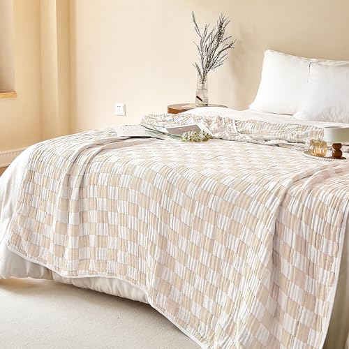 Image of 100% Cotton Muslin Blanket Cream Checkerboard 6-Layer Gauze King Bed Blanket Lightweight Soft and Breathable Blanket for Couch Bed Coverlet (Cream Checkerboard, King)