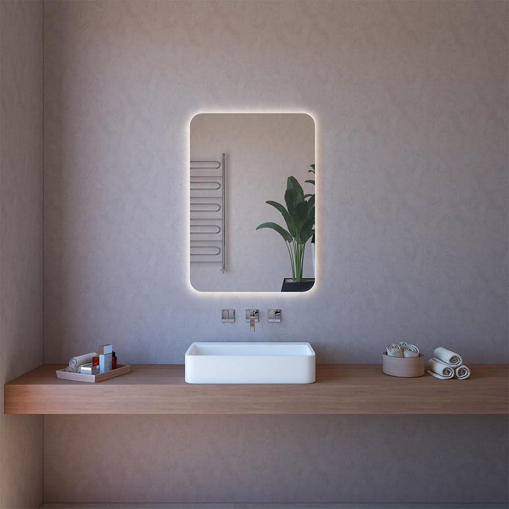 Inbagno Specchio LED 70x80 illuminazione perimetrale e angoli raggiati, a filo lucido con installazione reversibile
