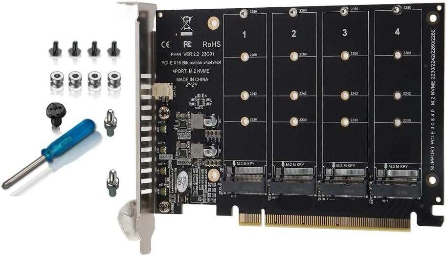 4-Port M.2 NVMe SSD to PCIe x16 Adapter Card – PC Expansion Card for PCIe 3.0/4.0 Motherboards,4-Channel Bifurcation with LED Indicators