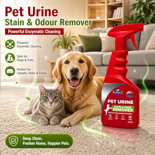 Image of LIQUE Pet Urine Stain & Odour Remover Spray - Eliminates Tough Pet Odours & Stains - Safe for Dogs & Cats - For Floors, Carpets & Furniture - 500 ml