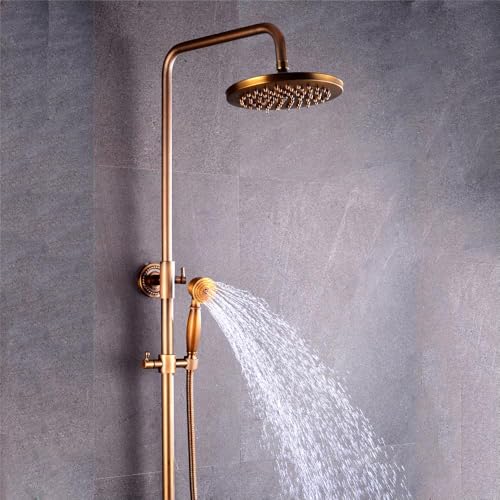Ensemble de douche rond en cuivre antique, montage mural, mitigeur de baignoire, pommeau et douchette à effet pluie, barre réglable, style rétro bronze