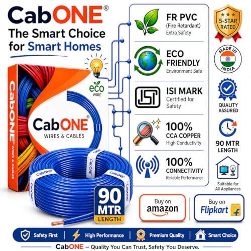 Image of CabONE 1.0 SQ.MM FR PVC Insulated Copper Electrical Wire, 90 Meter (Blue, Pack of 2) | ISI Marked Fire Retardant Single Core Cable for Home Wiring