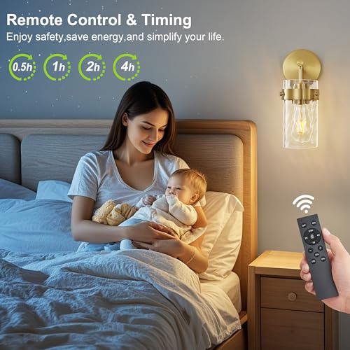 Image of Battery Operated Wall Sconces Set of 2 Gold Rechargeable Wall Light with Dimmable Bulbs and Remote Wireless Wall Lamps with Hammered Glass Lampshade for Bedroom Living Room Hallway(2 Pack)