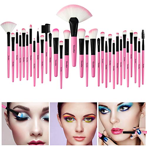 Yuwaku Pink Makeup Brush Set, 32pcs Premium Synthetic Brushes, Kabuki Foundation Brush Blending Face Powder Blush Concealers Eye Shadows Cosmetic Brushes Kit with Nylon Bag