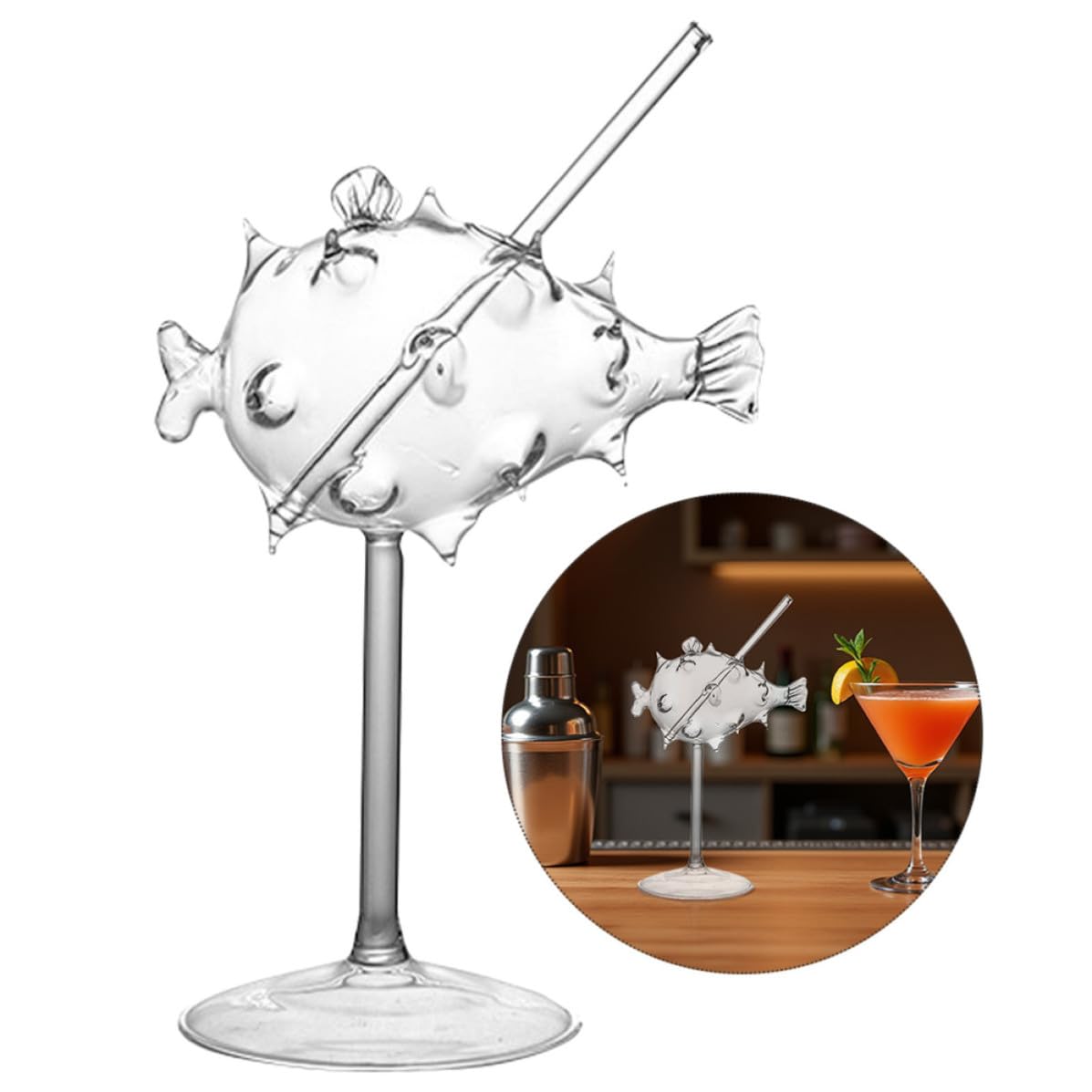 UKCOCO 2 Kreatives Fischcocktailglas mit Stiel und Trinkhalm