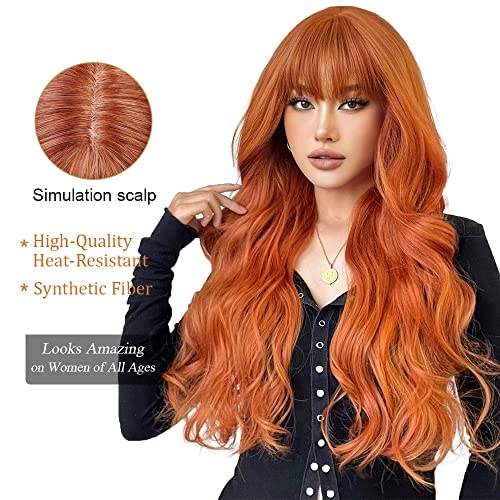 OUFEI Long Wavy Orange Wigs With Bangs for Women Natural Synthetic Hair Heat Resistant Wigs for Daily Party Cosplay Wear-28 Inches - Image 3
