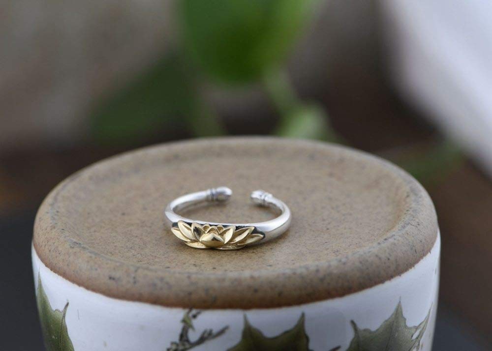 Anello In Argento 925 Da Donna,S925 Anello In Argento Sterling Con Fiore Di Loto Dorato Anelli Regolabili Anello Per Dito Indice In Stile Nazionale Retrò Anello In Argento Eternity Charm Da Sposa G