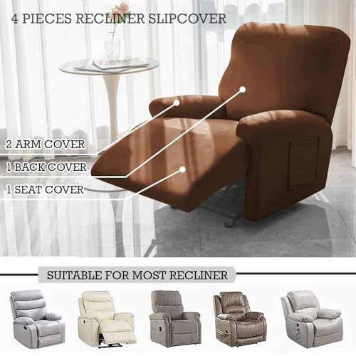 Image of HOKIPO 'SereneSolids' 140 GSM Recliner Stretch Sofa Slipcover 1 Seater Fully Covered 4-Piece Set Machine Washable Furniture Protector with Elasticity for Kids Pet, Brown (NEW2-4740-BR)