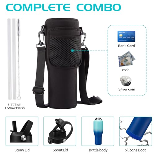 Image of 40oz Metal Water-Bottle with Straw - Fits Cup Holder, Insulated Water Bottles with Carrier Strap Bag & Boot, 40 oz Cup for Women & Men