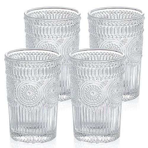 Image of MDLUU Embossed Water Glasses, Romantic Glassware, Vintage Drinking Glasses, Glass Tumblers for Juice, Beverages, Cocktail, Capacity 12.5oz /370ml, Set of 4