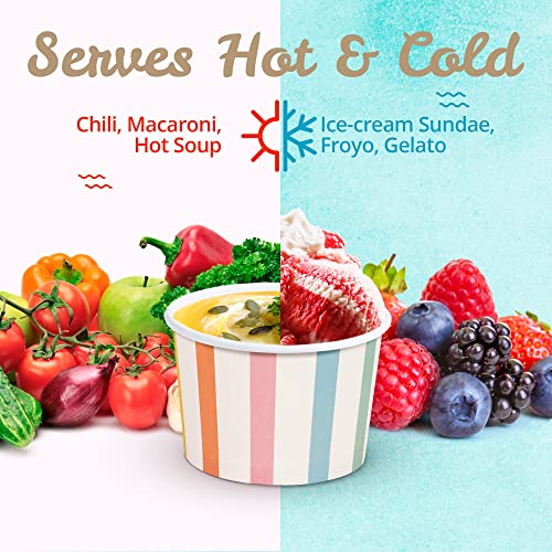 Image of Paper Ice Cream Cups, 100-Count 9-Oz Disposable Dessert, Snack Bowls for Hot or Cold Food, 9-Ounce Party Supplies Treat Cups for Sundae, Frozen Yogurt, Soup, Pastel Stripes