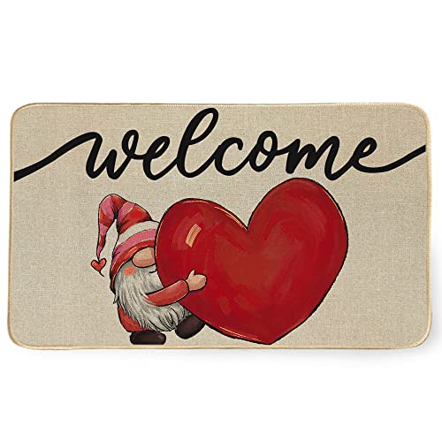Valentines Day Door Mat 17 x 29 Inch, Gnome Love Heart Welcome Decor Doormat Non-Slip and Washable Rubber Backed Seasonal Entryway Rugs for Indoor Outdoor DM042