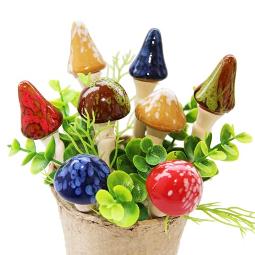 Poranlem Ceramic Mushrooms for Fairy Garden Decor 5.5'' in Height Pottery Plant Stakes Clay Colorful...
