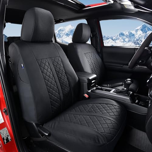 Image of Truckiipa 2 Front Tacoma Seat Covers Leather Car Seat Covers Waterproof Truck Seat Cushion Protector Covers Fit for 2016-2023 Toyota Tacoma Double Crew Cab, Front Pair, Black