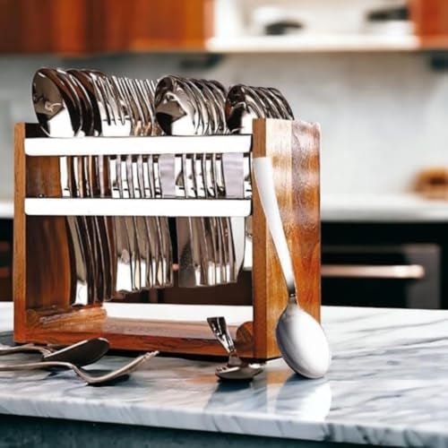 Image of Premium Wooden Cutlery Set Eco-Friendly Utensils for Sustainable Dining and Entertaining,Wooden Hanging Stand, 6 Tea Spoons,6 Table Spoons,6 Table Forks,6 Dinner Spoon, Spoon Set(24 Piece)