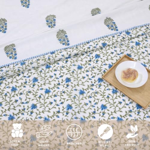 Image of TOAIArt Premium Jaipuri Dohar | AC Blanket Summer Quilt | Hand Block Printed | 3 Layers | Reversible | 150GSM 100% Mulmul Cotton | 100% Cotton Flannel Filling | Single 60 inch X 90 inch |White Blue Florals