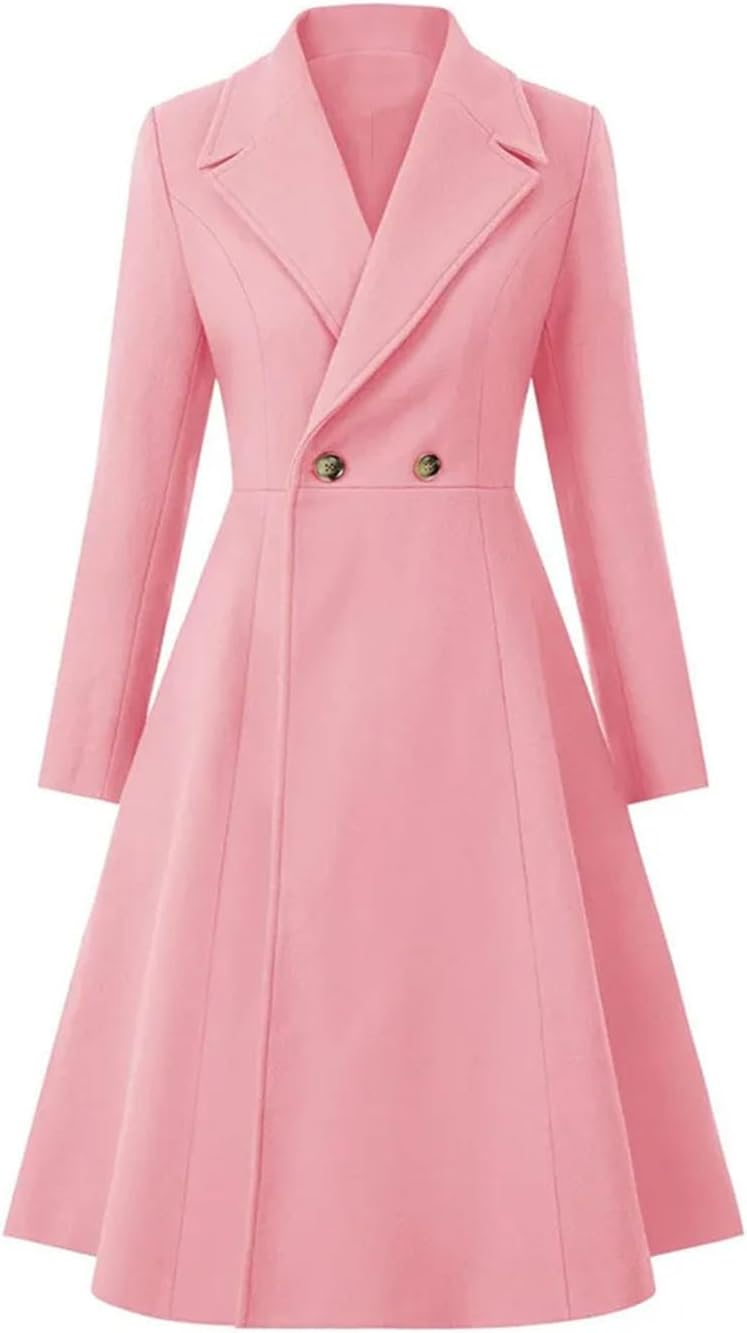 Women's Trench Coat Lapel Slim High Waist Double Long Sleeves A-Line Overcoat