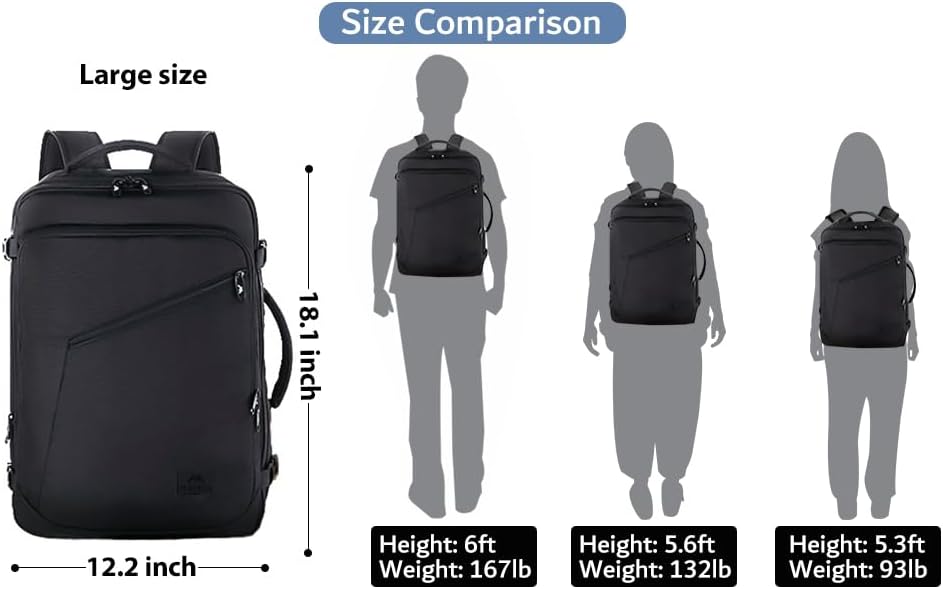 matein mens travel backpack, 27l lightweight carry on backpack for women, expandable business backpacks, waterproof hiking daypack for outdoor sports rucksack casual daypack, travel essential, black black large