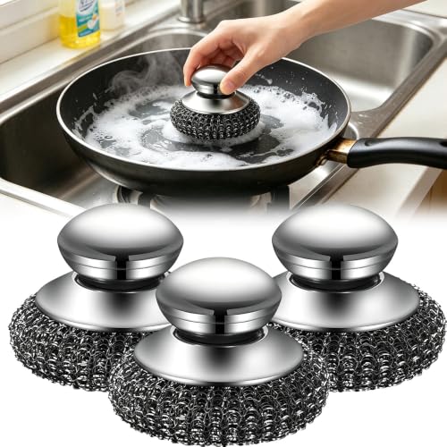 Image of Steel Wool Scrubber with Stainless Steel Handle for Cast Iron(3pcs) | Scouring Scrubber, For Pots and Pans, Grill and Stove Use, Sink Cleaning, 1 Piece