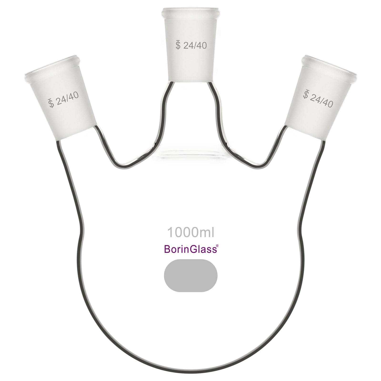 BorinGlass Matraz de Fondo Redondo a Tres Cuellos RBF, Matraz de Destilación de Vidrio 3 Cuellos con Junta Cónica Estándar 24/40, 1000 ml