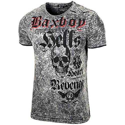 Baxboy Herren Sommer Rundhals-Ausschnitt Vintage Oil Washed Sportlich elegant Totenkopf Kurzarm T-Shirt Slim Fit Design Crew Neck Fashion Top Print Shirt B-06, Farbe:Anthrazit, Größe:2XL Cover