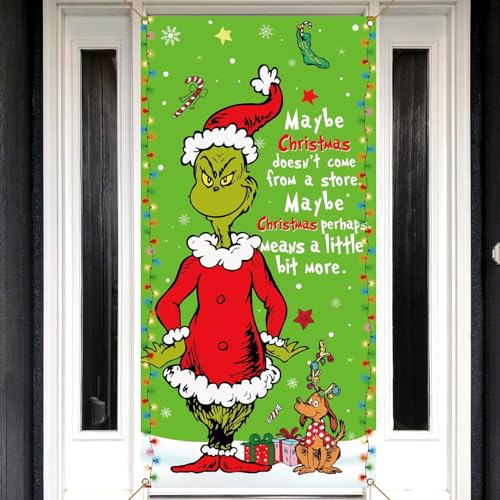Sunwer Green Christmas Door Cover Whoville Winter Holiday Party Decoration Front Porch Sign Backdrop Banner for Home Indoor Outdoor Decor