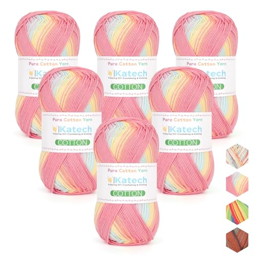 Image of Katech 1OO% Ombre Cotton Yarn for Crocheting - 2 Sport Weight Baby Yarn for Knitting - 6 Pcs of 50g(1.76oz) /160m(175yd), Fine Soft Multicolor Yarns for Baby Blankets, Afghans, Shawls, Dress, Hats (B)