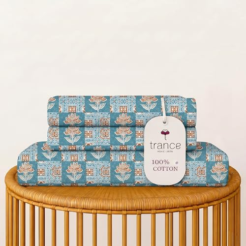 Image of Trance Home Linen 100% Cotton 144TC Elastic Fitted Bedsheet | Printed Queen Bed Size Elasticated Fitted Bedspread with 2 Pillow Covers (Queen 78x60 inch, Ajrak Blue)