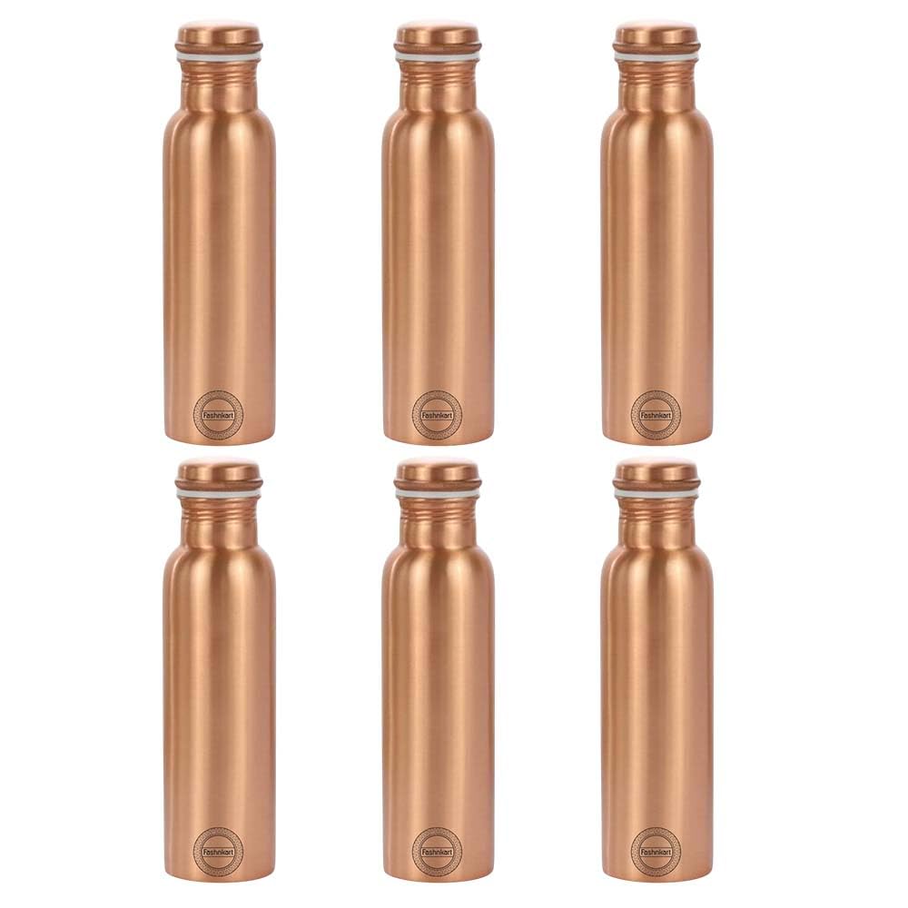 Pure Copper Water Bottle Plain 963.9 g Leak Proof Design Vessel Ayurveda Health Pitcher for Fitness Sports Yoga 1000ml Set of 6