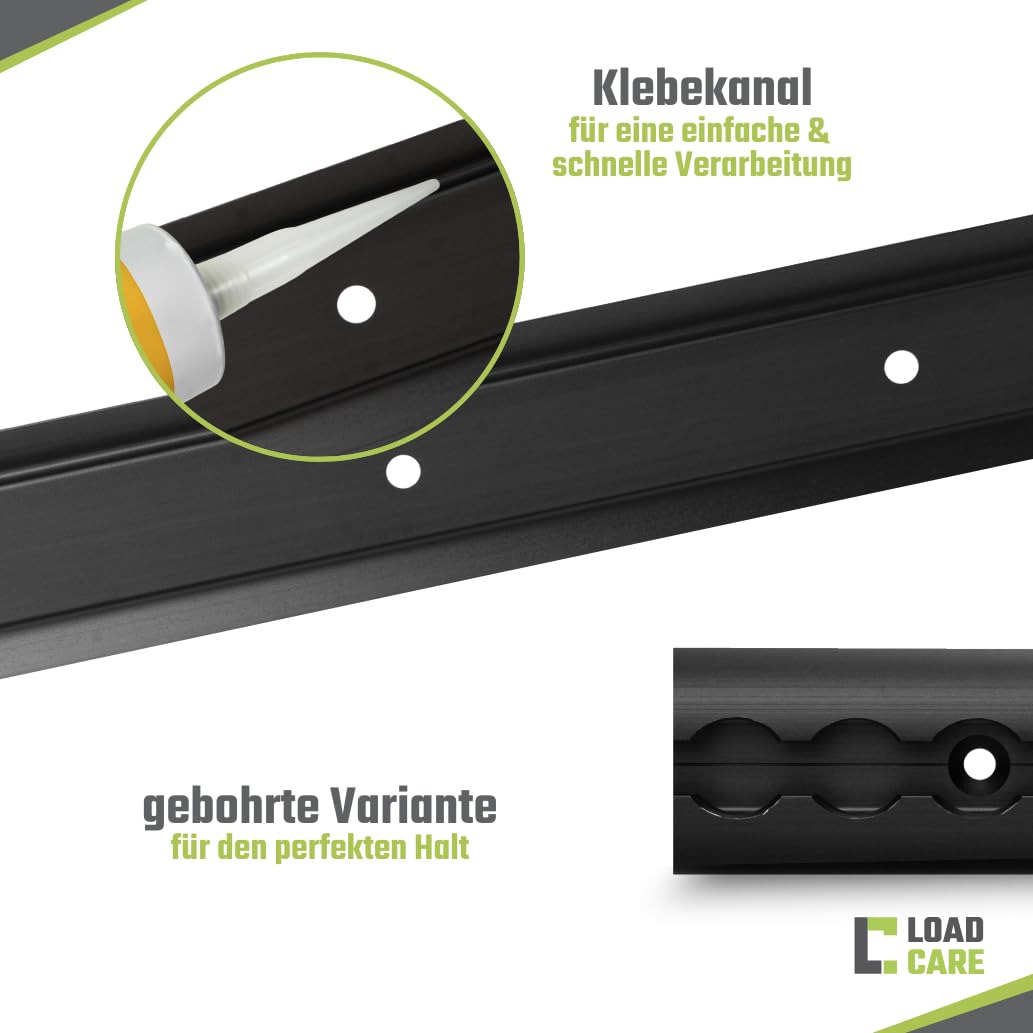 Airlineschienen Starter Set – 2 eloxierte Airlineschienen (1 m, halbrund, gebohrt alle 10 cm) inkl. 4 Endkappen, 4 Schwarze Fittinge (Schwarz eloxiert, Schwarz)