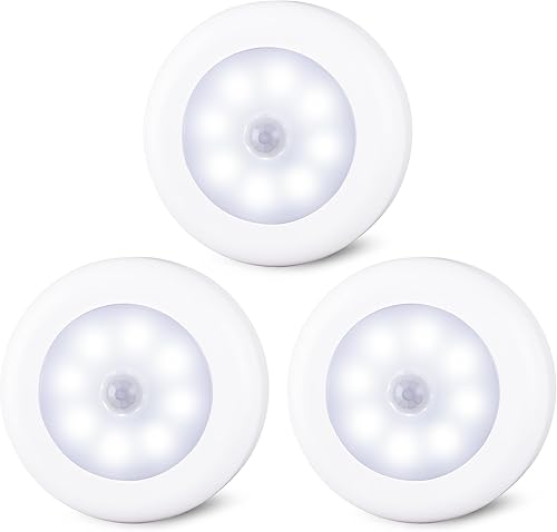 STAR-SPANGLED Paquete de 3 luces con sensor de movimiento de 3.1 pulgadas para interiores, funciona con pilas AA, luz LED de disco para armario,