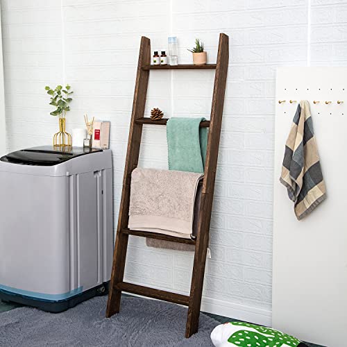 Image of Mhiiuwu Decorative Blanket Ladder 5 ft Farmhouse Wall Leaning Wooden Bathroom Quilt Throw Towel Blanket Ladders for The Living Room, Bedroom,Dark Brown